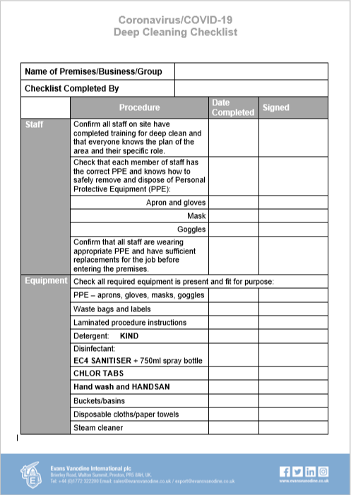 Evans Coronavirus Cleaning Checklist