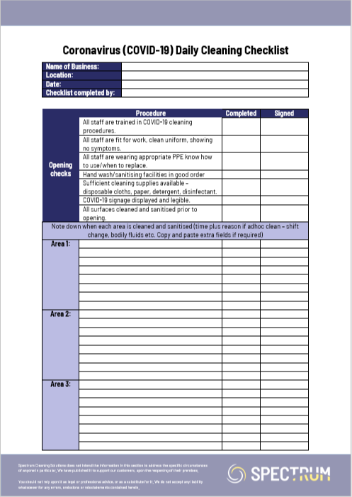 Spectrum Coronavirus Cleaning Checklist Document
